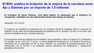 El BOC publica la licitación de la mejora de la carretera entre Ajo y Güemes por un importe de 1,5 millones
