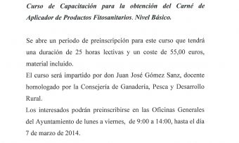 Curso de capacitación para la obtención del carné de aplicador de productos fitosanitarios. nivel básico