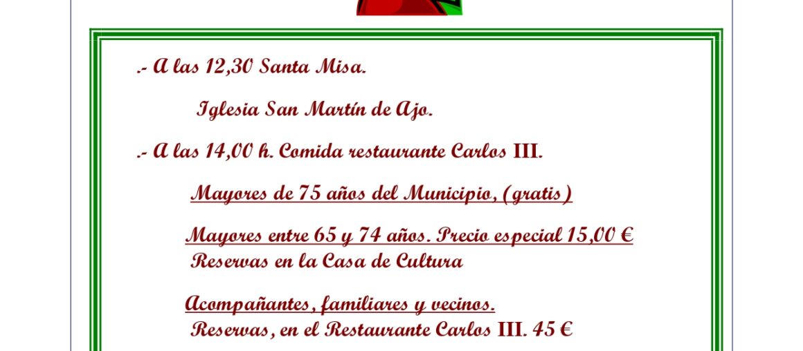 FIESTA HOMENAJE A NUESTROS MAYORES 2024, SE CELEBRARÁ EL DÍA 26 DE OCTUBRE.